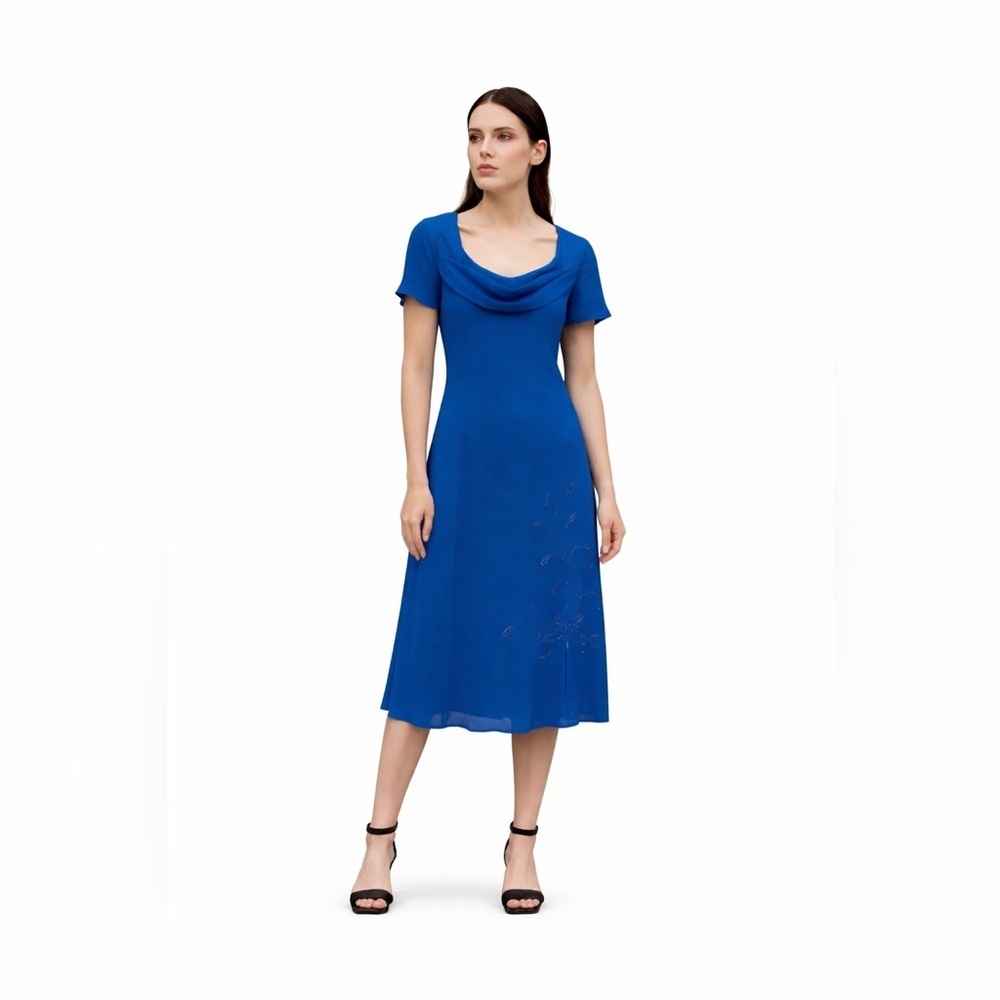 DEADSTOCK vintage cowl neck dress beaded short sleeve chiffon NWT blue SMALL